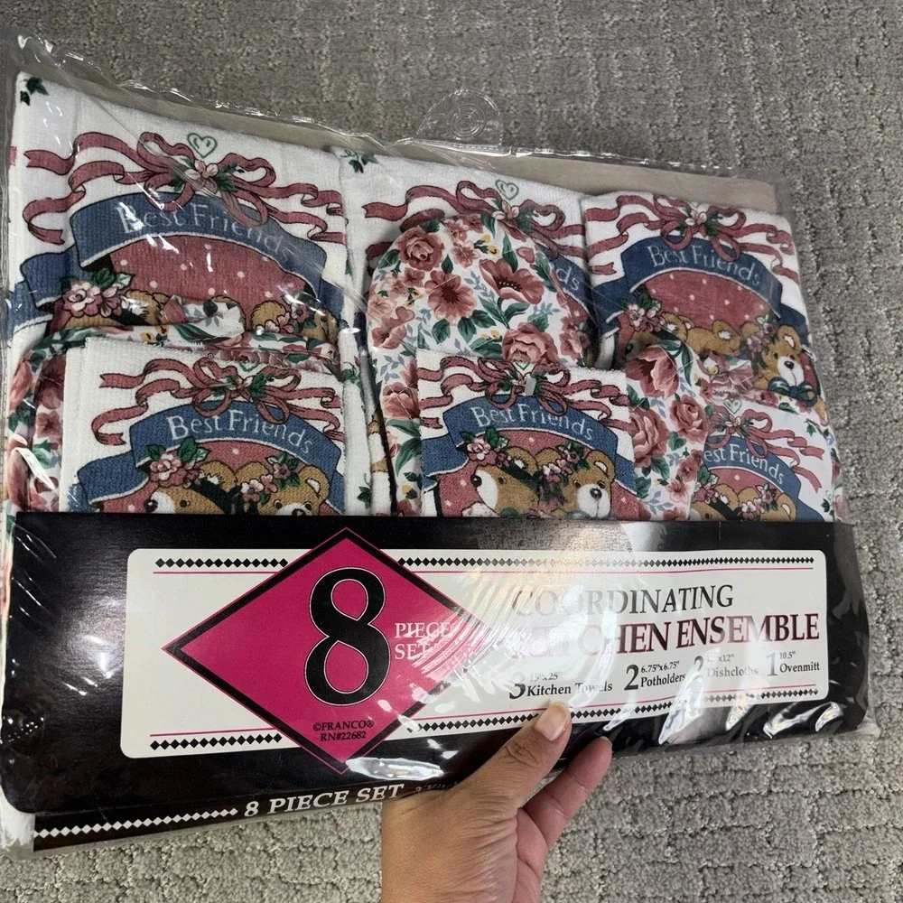 Vtg 80s Franco Country Teddy Bear Kitchen Set Towels Potholders Cottagecore NOS